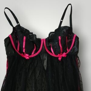 Cacique Black Sheer Lace Babydoll Lingerie 18/20 Hot‎ Pink Trim Underwire Mesh